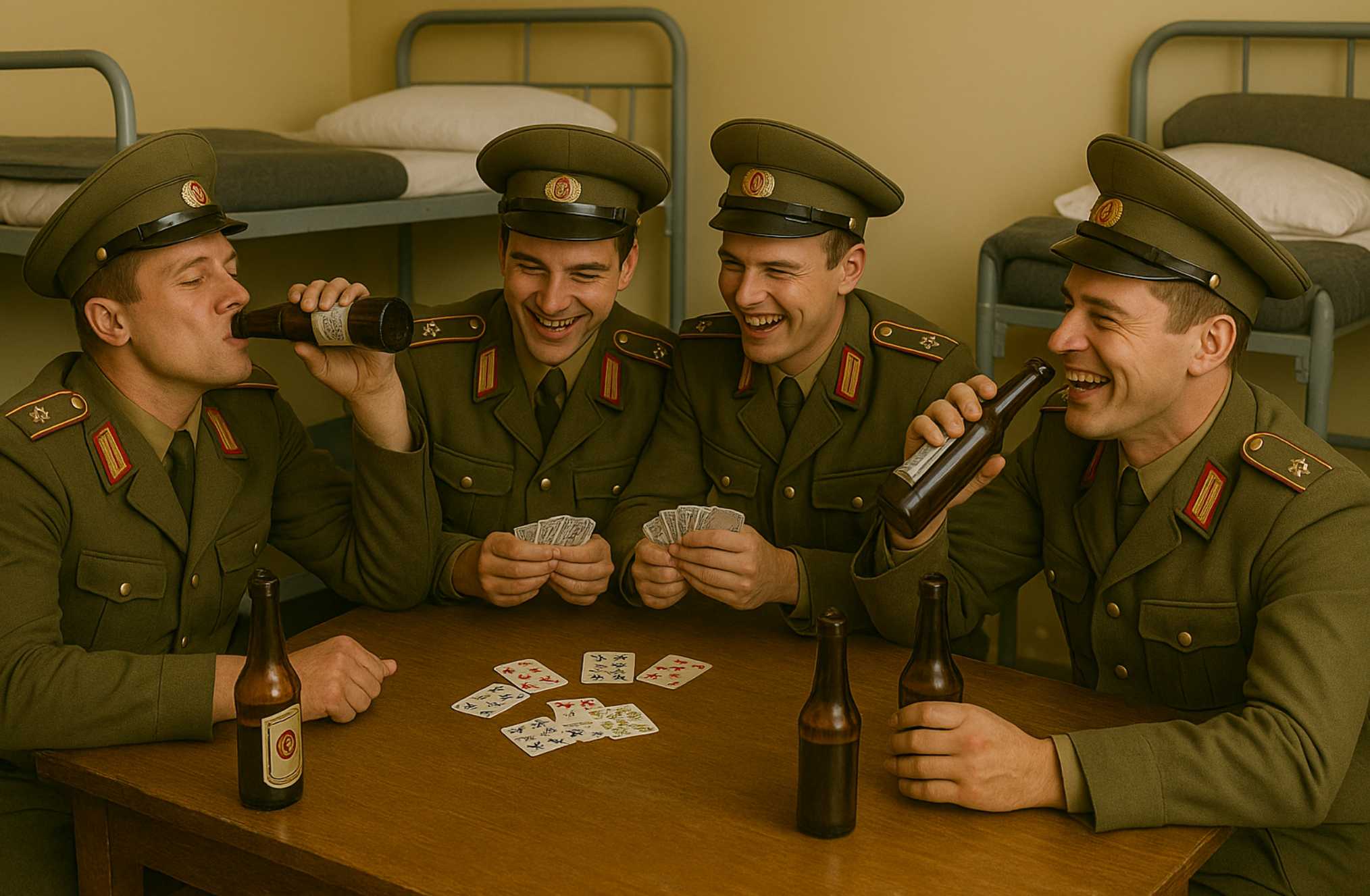 Soldaen in ihrer Freizeit mit Alkohol und Kartenspiel